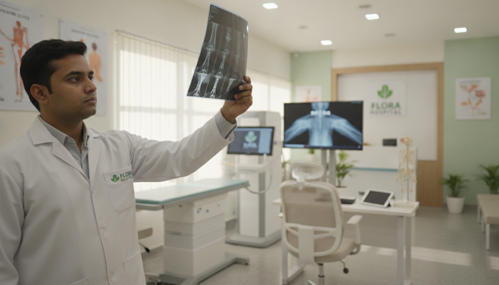 A modern fracture clinic in Pune, showcasing advanced diagnostic equipment and a professional environment. In the foreground, a healthcare professional in a crisp white coat, examining an X-ray with focused attention, symbolizing accurate diagnosis. In the middle ground, a well-lit examination area featuring state-of-the-art imaging technology such as digital X-ray machines and orthopedic consultation spaces. The background reveals a welcoming reception area, with calming colors and medical posters related to orthopedic health. Soft, natural lighting enhances the serene atmosphere, creating a sense of trust and reliability. The branding "Flora Hospital" is subtly integrated into the clinic's decor, reinforcing professionalism and care. Capture the scene from an eye-level angle to emphasize the clinic's welcoming nature and commitment to patient well-being. A modern fracture clinic in Pune, showcasing advanced diagnostic equipment and a professional environment. In the foreground, a healthcare professional in a crisp white coat, examining an X-ray with focused attention, symbolizing accurate diagnosis. In the middle ground, a well-lit examination area featuring state-of-the-art imaging technology such as digital X-ray machines and orthopedic consultation spaces. The background reveals a welcoming reception area, with calming colors and medical posters related to orthopedic health. Soft, natural lighting enhances the serene atmosphere, creating a sense of trust and reliability. The branding "Flora Hospital" is subtly integrated into the clinic's decor, reinforcing professionalism and care. Capture the scene from an eye-level angle to emphasize the clinic's welcoming nature and commitment to patient well-being.